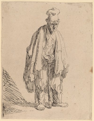 Kerjäläinen korkealakissa, seisomassa ja nojaten kepissä tekijältä Rembrandt van Rijn
