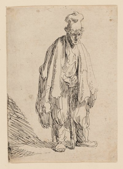 Kerjäläinen korkealakissa, seisomassa ja nojaten kepissä tekijältä Rembrandt van Rijn