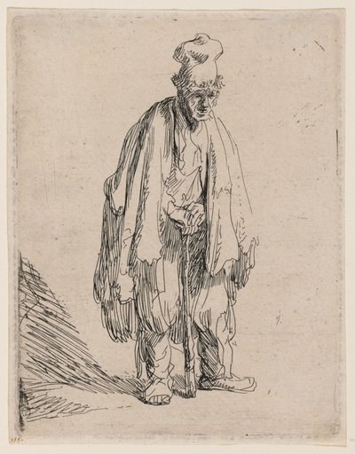 Korkean lippalakin päässään oleva kerjäläinen, seisomassa ja keppiin nojautumassa tekijältä Rembrandt van Rijn