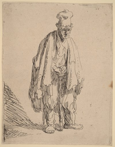 Korkean lippalakin päässään oleva kerjäläinen, seisomassa ja keppiin nojautumassa tekijältä Rembrandt van Rijn