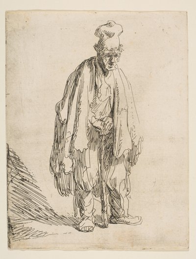 Kerjäläinen korkealakissa, seisomassa ja nojaten kepillä, n. 1629. tekijältä Rembrandt van Rijn