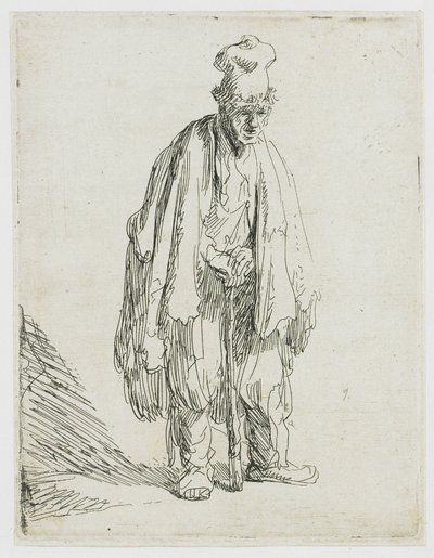 Korkeakorkkinen kerjäläinen, joka seisoo ja nojaa keppiin tekijältä Rembrandt van Rijn