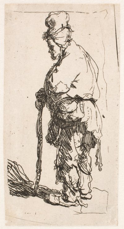 Keppiin nojaava kerjäläinen, katse vasemmalle tekijältä Rembrandt van Rijn