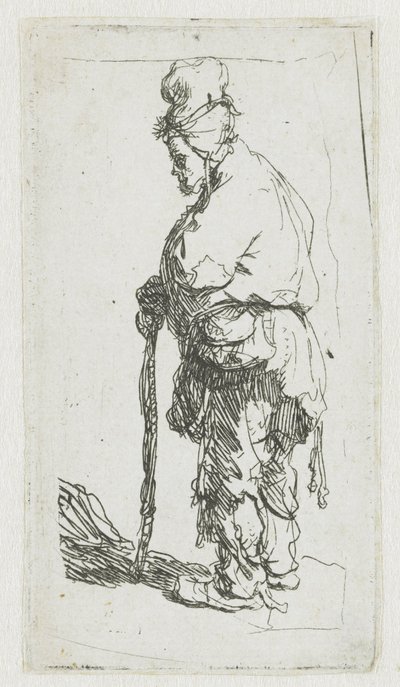 Keppiin nojaava kerjäläinen, katse vasemmalle tekijältä Rembrandt van Rijn