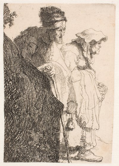 Kerjäläismies ja kerjäläisnainen pankin takana tekijältä Rembrandt van Rijn
