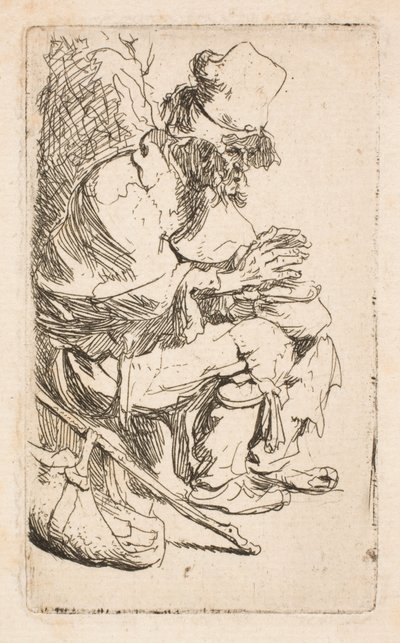Kerjäläinen istuu lämmittämässä käsiään lämmittimellä tekijältä Rembrandt van Rijn