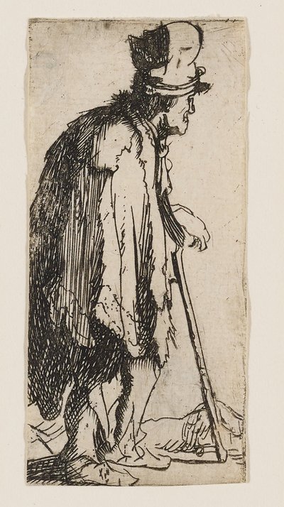 Käsi vammautunut kerjäläinen, joka nojaa keppiin tekijältä Rembrandt van Rijn