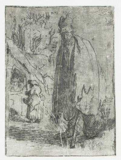 Kerjäläinen, jolla on mökki, ja kaksi hahmoa taustalla tekijältä Rembrandt van Rijn