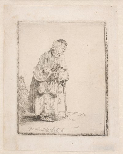 Keppiin nojaava kerjäläisnainen tekijältä Rembrandt van Rijn