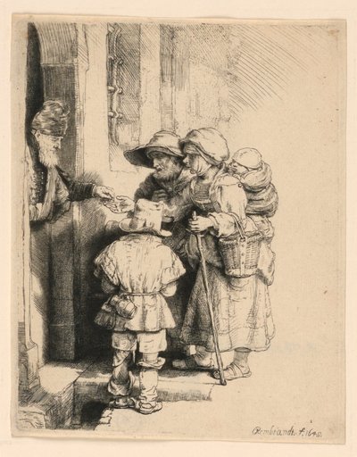 Kerjäläiset vastaanottavat almua talon ovella tekijältä Rembrandt van Rijn