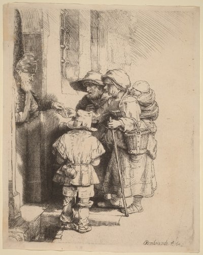 Kerjäläiset saavat almuja talon ovella tekijältä Rembrandt van Rijn