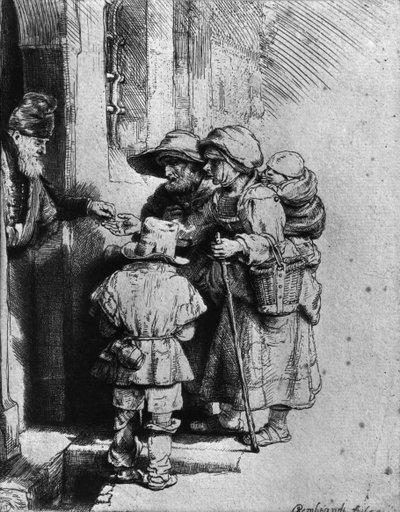 Kerjäläisiä talon kynnyksellä, 1648 tekijältä Rembrandt van Rijn