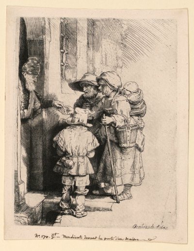 Kerjäläiset saavat almua talon ovella tekijältä Rembrandt van Rijn