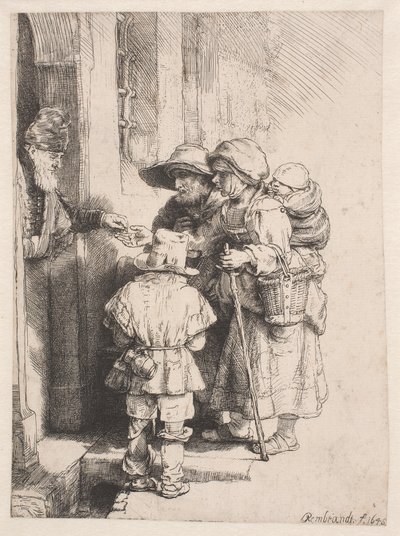 Kerjäläiset, jotka saavat almuja talon ovella tekijältä Rembrandt van Rijn