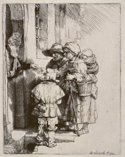 Kerjäläiset vastaanottamassa almua talon ovella, 1648 (kuivakärkikaiverrus) tekijältä Rembrandt van Rijn