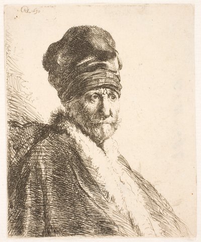 Miehen (Rembrandtin isä) rintakuva, jolla on korkea lakki, kolmen neljäsosan profiili tekijältä Rembrandt van Rijn