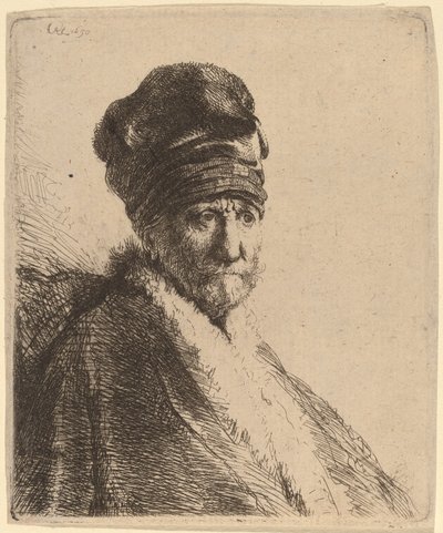 Miehen rintakuva, jolla on korkea lippalakki, kolme neljäsosaa oikealta (taiteilijan isä?) tekijältä Rembrandt van Rijn