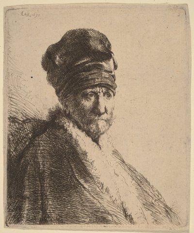 Korkean lippalakin päässään pitävän miehen rintakuva, kolme neljäsosaa oikealta (taiteilijan isä) tekijältä Rembrandt van Rijn