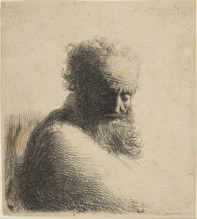Alas katsovan vanhan parrakkaan miehen rintakuva, kolme neljäsosaa oikealta, 1631. tekijältä Rembrandt van Rijn