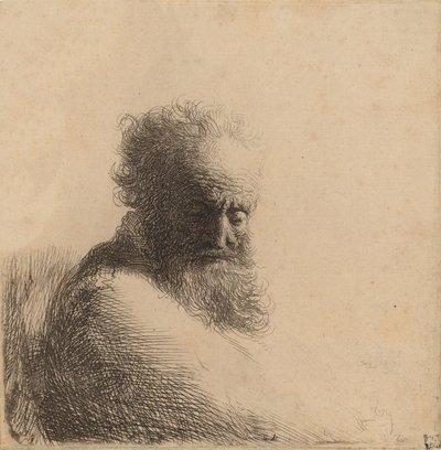 Vanhan parrakkaan miehen rintakuva, joka katsoo alas, kolme neljäsosaa oikealta, 1631. tekijältä Rembrandt van Rijn