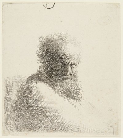 Vanhan miehen rintakuva, katse alaspäin, kolmen neljäsosan profiili oikealle tekijältä Rembrandt van Rijn