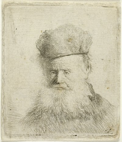 Vanhan miehen rintakuva, jolla on karvahattu ja virtaava parta, lähes koko kasvot tekijältä Rembrandt van Rijn