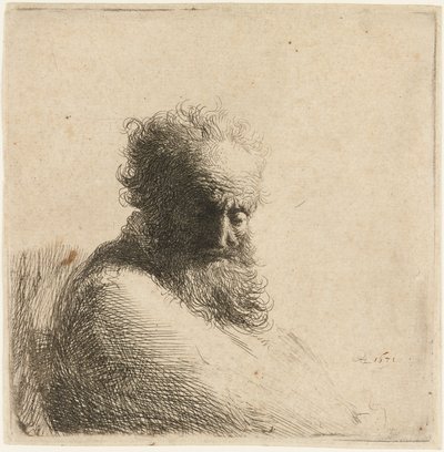 Alaspäin katsovan vanhan parrakkaan miehen rintakuva, kolme neljäsosaa oikealta, 1631. tekijältä Rembrandt van Rijn