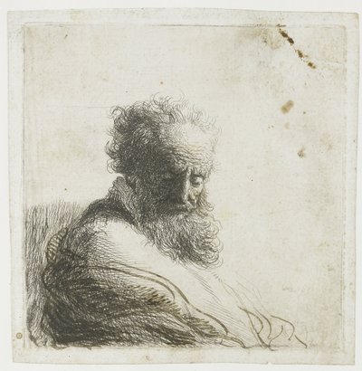 Vanhan parrakkaan miehen rintakuva alaspäin katsoen, kolme neljäsosaa oikealta tekijältä Rembrandt van Rijn