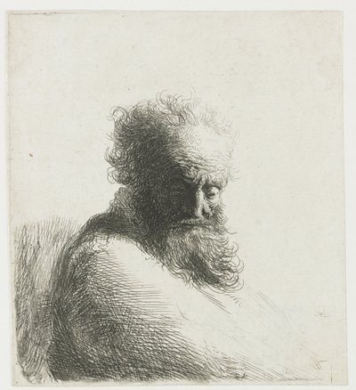 Vanhan parrakkaan miehen rintakuva alaspäin katsoen, kolme neljäsosaa oikealta tekijältä Rembrandt van Rijn
