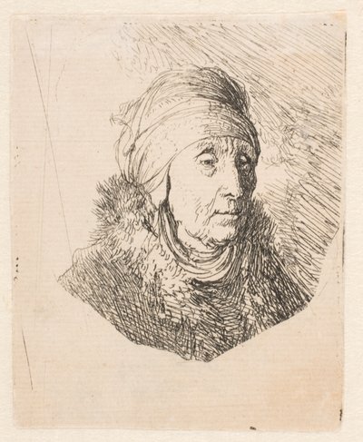 Vanhan naisen rintakuva, jolla on korkea, leuan ympärille sidottu päähine tekijältä Rembrandt van Rijn