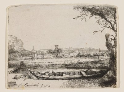 Kanava, jossa on suuri vene ja silta tekijältä Rembrandt van Rijn