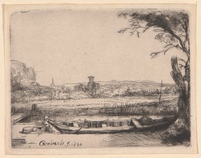 Kanava, jossa on suuri vene ja silta tekijältä Rembrandt van Rijn