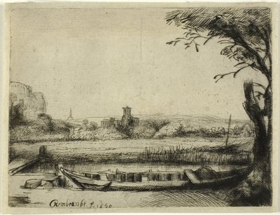 Kanava, jossa on suuri vene ja silta tekijältä Rembrandt van Rijn