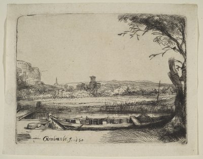 Kanava suurella veneellä ja sillalla, 1650. tekijältä Rembrandt van Rijn