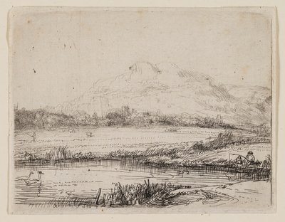 Kanava onkijan ja kahden joutsenen kanssa tekijältä Rembrandt van Rijn