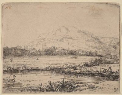 Kanava, jossa on kalastaja ja kaksi joutsenia tekijältä Rembrandt van Rijn