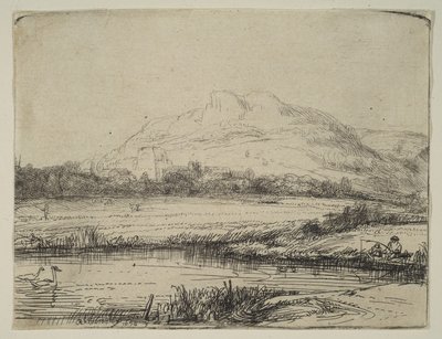 Kanava onkijan ja kahden joutsenen kanssa, 1650. tekijältä Rembrandt van Rijn