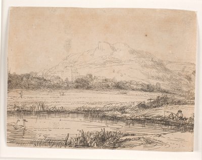 Kanava, jossa on kalastaja ja kaksi joutsenia tekijältä Rembrandt van Rijn