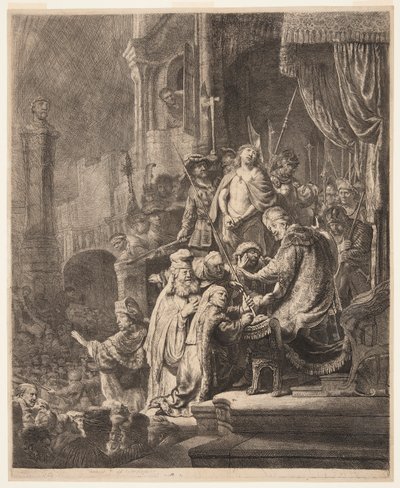 Kristus Pilatuksen edessä: Suuri lautanen tekijältä Rembrandt van Rijn