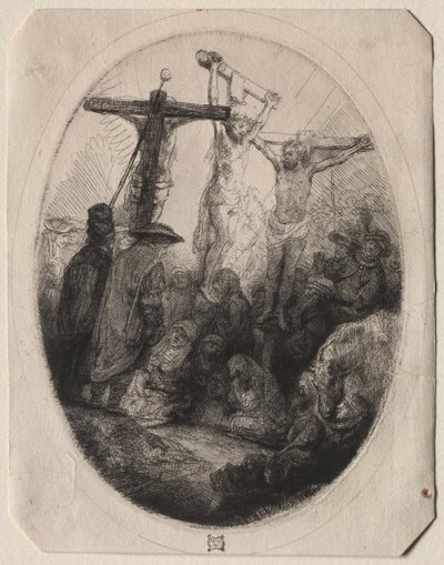 Kristus ristiinnaulittu kahden varkaan väliin: soikea lautanen tekijältä Rembrandt van Rijn