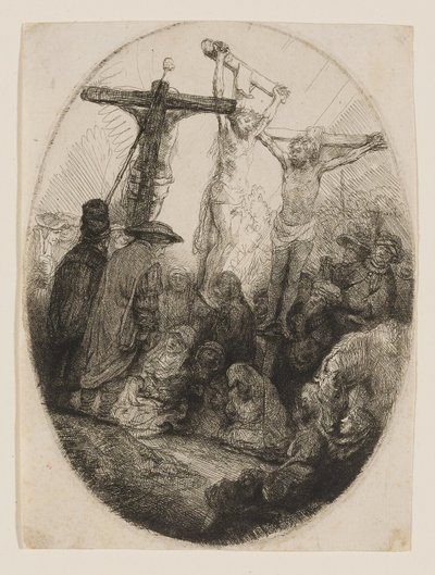 Ristiinnaulittu Kristus kahden varkaan välissä tekijältä Rembrandt van Rijn