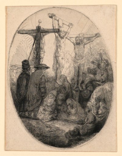 Kristus ristiinnaulittu kahden varkaan väliin: soikea lautanen tekijältä Rembrandt van Rijn