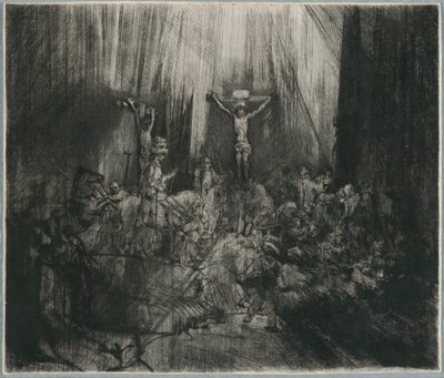 Kristus ristiinnaulittu kahden varkaan väliin: "Kolme ristiä" tekijältä Rembrandt van Rijn