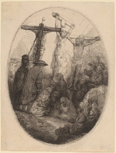 Kristus ristiinnaulittu kahden varkaan väliin: soikea lautanen tekijältä Rembrandt van Rijn