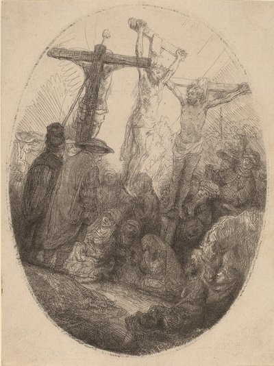 Kristus ristiinnaulittu kahden varkaan väliin: soikea lautanen, n. 1641. tekijältä Rembrandt van Rijn