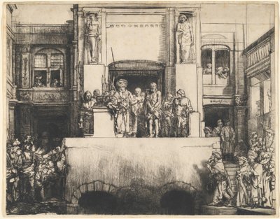 Kristus esitellään kansalle: pitkänomainen lautanen tekijältä Rembrandt van Rijn