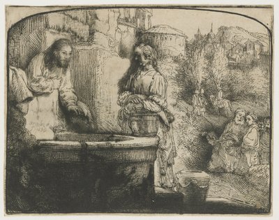 Kristus ja Samarian nainen Kristus ja Samarialainen nainen: kaareva printti tekijältä Rembrandt van Rijn