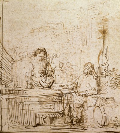 Kristus ja Samarialainen nainen (kynä ja ruskea muste paperille) tekijältä Rembrandt van Rijn