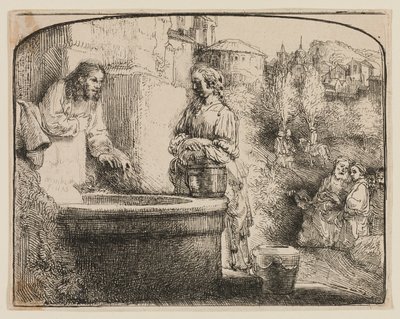 Kristus ja Samarialainen nainen: Kaareva vedos tekijältä Rembrandt van Rijn