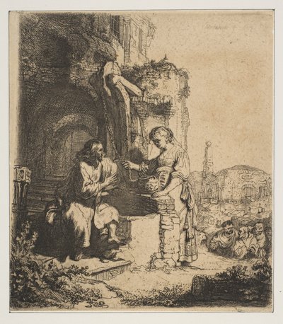 Kristus ja Samarian nainen raunioiden keskellä. tekijältä Rembrandt van Rijn